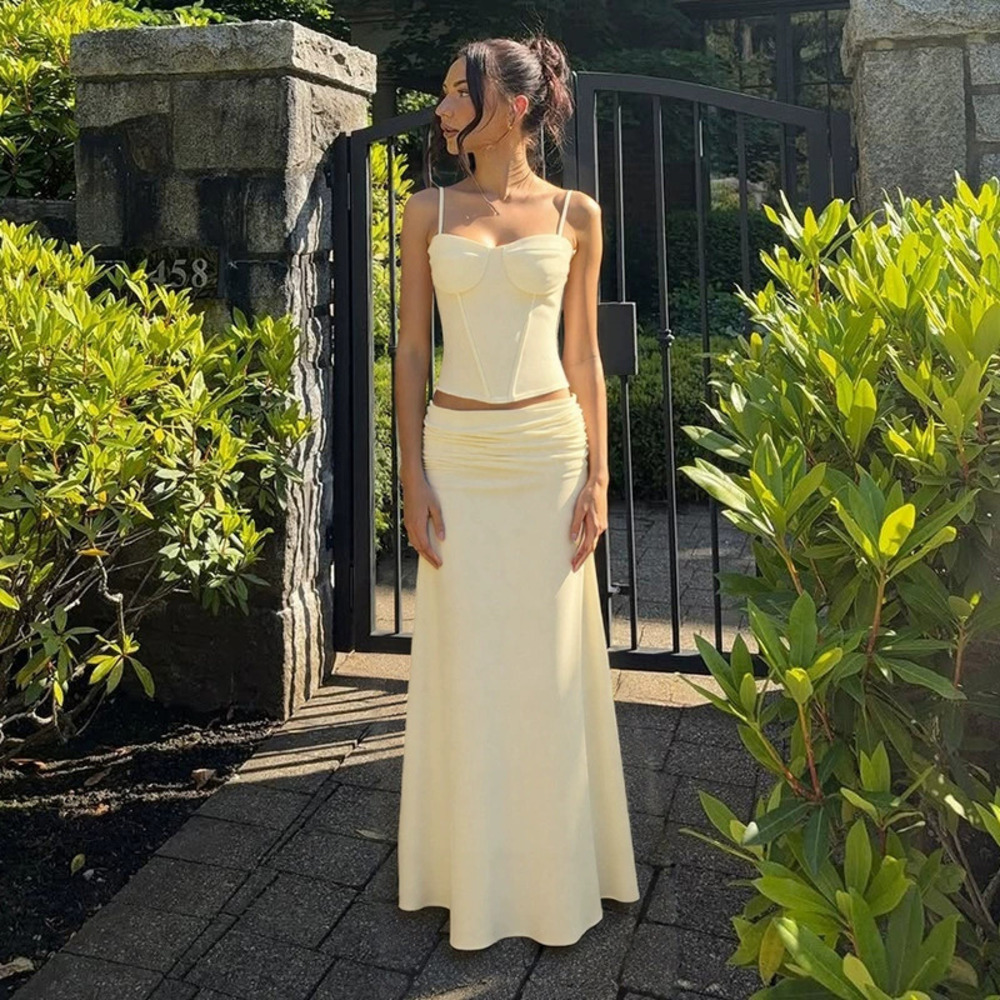 Zara Spring Summer Solid Color Pleated Camisole Maxi Dress Casual Set